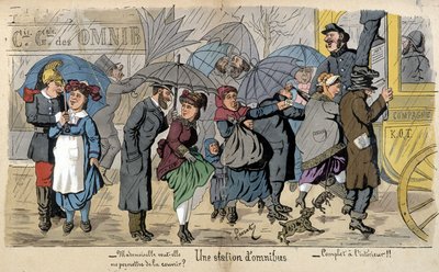 An Omnibus Station in the Rain - Humorous Drawing by Lavrate, Circa 1880 by Edmond Lavrate