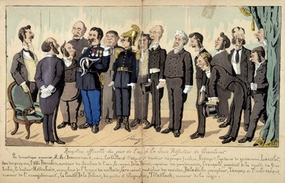 Cartoon on French society by Lavrate: the different figures from the civil service, administrative services at an official reception by Edmond Lavrate