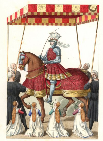 King Louis XII of France, after a miniature by Jean Marot - Lithography from an illustration by Edmond Lechevallier-Chevignard, from historical costumes of the 16th by Edmond Lechevallier Chevignard