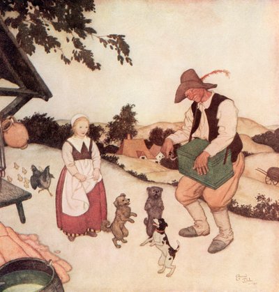 And when he saw White Caroline, he started to play on his organ the most beautiful airs that it was possible to hear, and the three little dogs commenced to dance together, illustration from the Flemish fairytale White Caroline and Black Caroline by Edmund Dulac