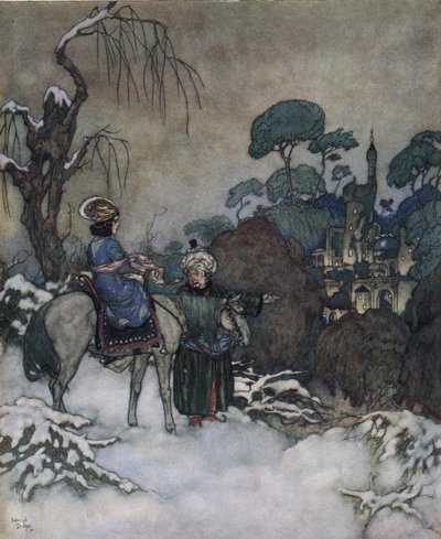 Beauty and the beast: the Belle, having agreed to take the place of her father prisoner of the Bete to liberate him, heads towards the castle, c.1910 by Edmund Dulac