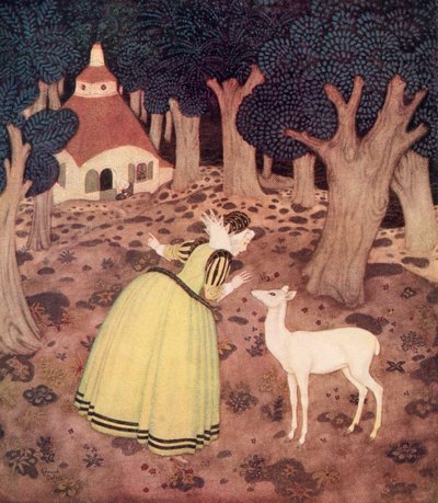 Giroflee thanked the Fairy and went far into the wood; and there, sure enough, she saw a hut and an old woman sitting outside, illustration from the French fairytale The Hind of the Wood, from Edmund Dulac