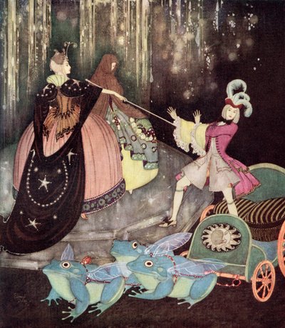 The Prince took a carriage drawn by three great frogs with great big wings. Truitonne came out mysteriously by a little door, illustration from the French fairytale The Blue Bird, from Edmund Dulac
