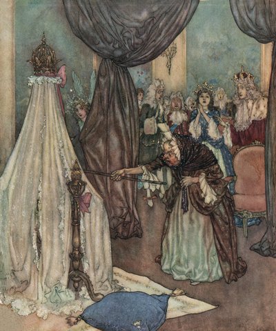 The sleeping beauty: an old fee leans over the crib of the princess and curses her, c.1910 by Edmund Dulac