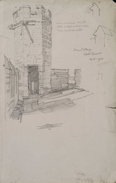 Sketch of the Bell Tower at New College, Showing Detail of Leaded Roof, 1908 by Edmund Hort New