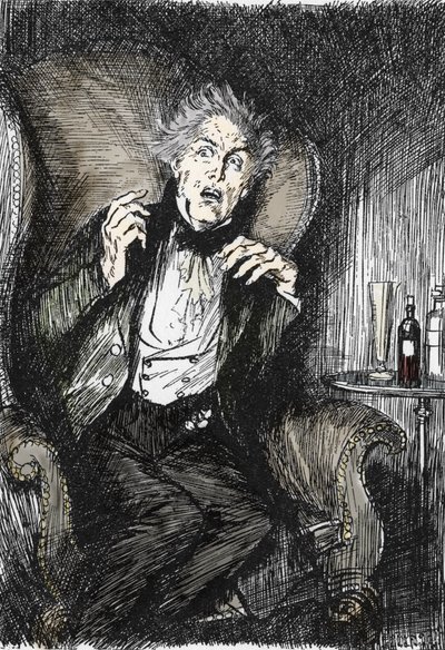 Dr Jekyll in terror during his conversation with Utterson and Enfield. Illustration by Edmund Joseph Sullivan for the novel 