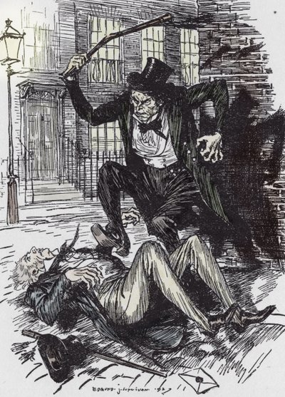 Mr Hyde Clubbing Sir Danvers Carew to Death. Illustration by Edmund Joseph Sullivan for the Novel 