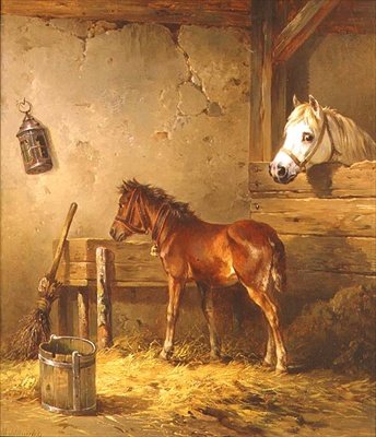 Mare and Foal in a Stable by Edmund Mahlknecht