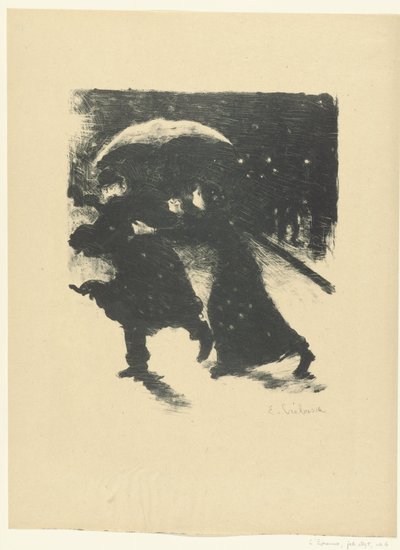 Man and Woman Under Umbrella in Snow at Evening by Edouard Crébassa