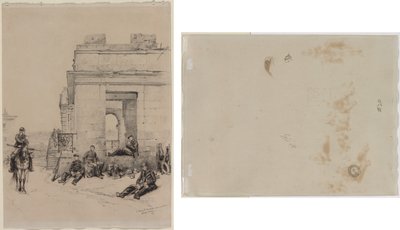 Soldiers Resting (recto) Sketch of a Man with Upraised Arm and Sketch of a Helmet (verso) by Edouard Detaille