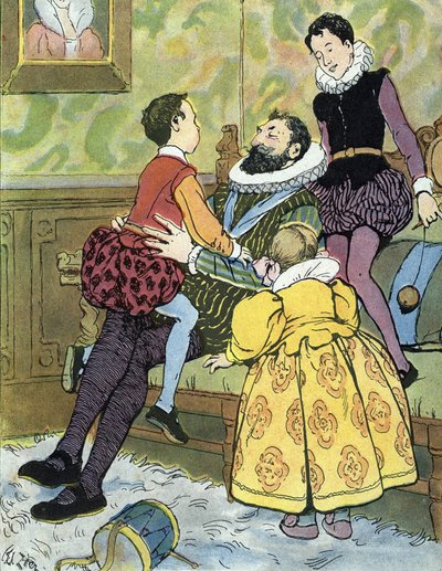 King of France Henri IV playing with his children (1553-1610) Illustration by Edouard Zier in “Nos-Gloriers-Nationales” 1920 Private Collection by Edouard Francois Zier