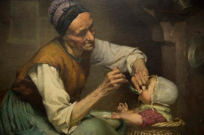 An Old Woman Feeds Her Granddaughter Held in a Wicker Baby Walker by Edouard Jerome Paupion