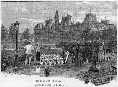 Parisian scene in the 19th century: flower dealers on the flower quay of the Ile de la Cite. In the back, Paris City Hall. Engraving at the end of the 19th century after a drawing by Boudier in The capitals of the world: Paris by Edouard Louis Boudier