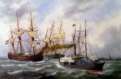 Two Three-Masted Ships by Le Neptune at Le Havre in 1882 by Edouard Marie Adam