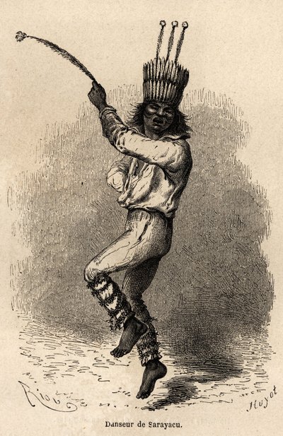 A dancer in Sarayacu (Peru). Engraving in Le tour du monde, edited by Edouard Charton by Edouard Riou
