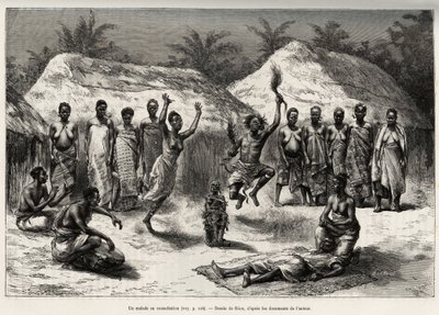 A patient in consultation with the agni (Ivory Coast), the doctor sorcerer performs a dance (engraving by Riou, to illustrate the story 