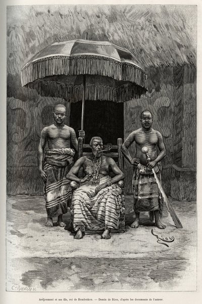 Ardjoumani (died 1892) and his sons, king of Bondoukou (Ivory Coast). Engraving by Riou, to illustrate the story 