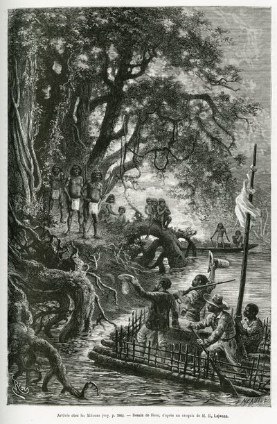 Arrival of the raft of Dr. Crevaux and E. Lejeanne, on the banks bordering the village of Mitouas. Engraving by Riou, to illustrate the voyage of exploration through New Granada and Venezuela, by Doctor Crevaux, first class physician of the navy and E. Lej by Edouard Riou
