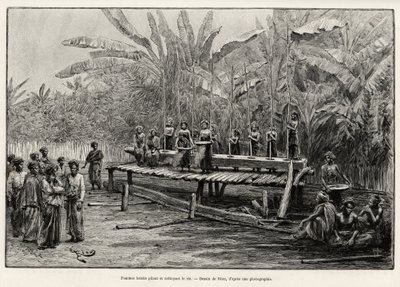 Batak women, northern Sumatra ethnic group, pounding and cleaning rice. Engraving by Riou to illustrate the story 