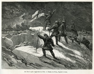 Captain George Strong Nares (1831-1915) planted the British flag at the place closest to the pole (drawing by Riou, to illustrate the story of a voyage to the polar sea in 1875-1876 by Captain G. S. Nares. Engraving in 