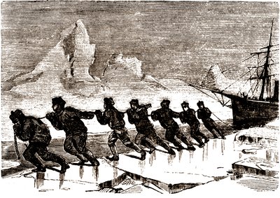 Crew of sailors pulling a sailboat on an ice floe by Edouard Riou
