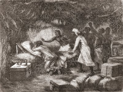 Death of Dr. Livingstone in the village of Tchitammbo, Africa, in 1873, illustration from "The World in the Hands", published 1878 by Edouard Riou