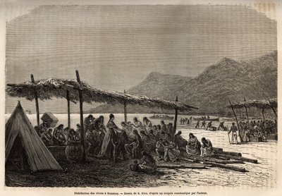 Distribution of food in Keauhou after the earthquake and volcanic eruption of 1868. Engraving illustrating a voyage to the Sandwich Islands by C. de Varigny, published in 