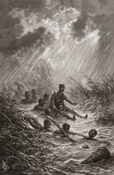 Dr. David Livingstone being carried through a swamp by porters during his expedition to Africa in 1872, illustration from 