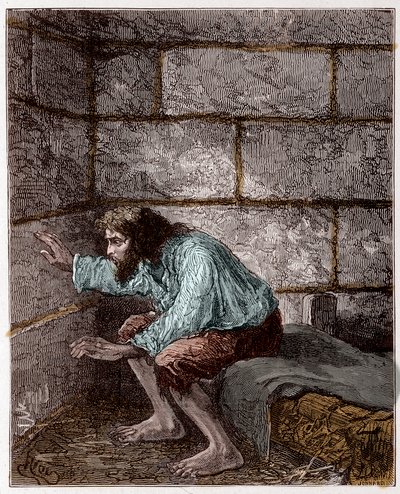 Edmond Dantes, aka the Count of Monte Cristo in his prison - Engraving by Riou, in 