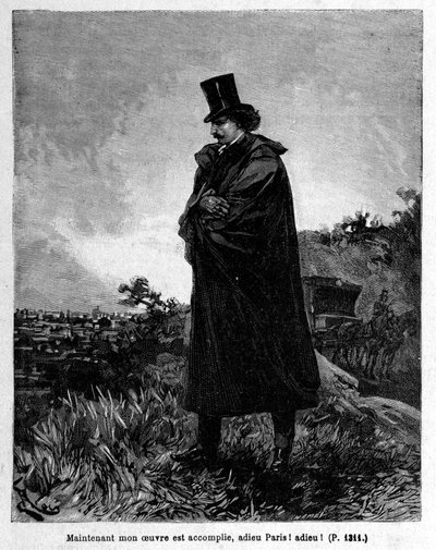 Edmond Dantes, the Count of Monte-Cristo leaving Paris - Engraving by Riou, in 