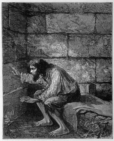 Edmond Dantes, the Count of Monte Cristo in his prison - Engraving by Riou, in 