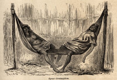 Indian husbands Chontaquiros of Peru sleeping in their bridal hammock. Engraving in Le tour du monde, edited by Edouard Charton by Edouard Riou