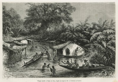 Flooded villages (drawing by Riou, to illustrate the story of a trip to Gabon and the Ogoue River in 1875-1877 by Alfred Marche. Engraving in 