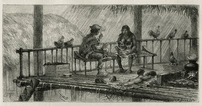 Inside scene in San Pablo, a family sheltered from the rain, the father smokes a cigarillo, the mother feeds two babies in the breast and the groin plays with a small animal, stretches on the floor on a bete skin, engraving by Riou, to illustrate the story by Edouard Riou