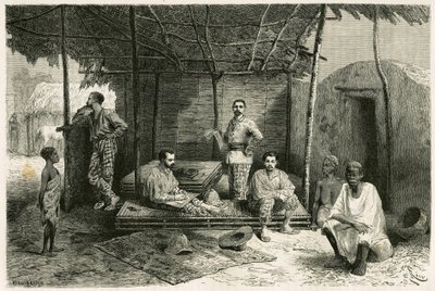 Installation of the mission in Nango, for a 10-month stay, with portraits of Gallieni and his captains Vallière and Pietri, Doctor Tautain as well as his interpreters, guide and cantinière. Engraving by Riou, based on a sketch by the author, to illustrate  by Edouard Riou