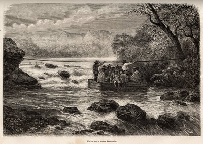 The crossing by the ferry of the Mesacancha River (Lower Peru), engraving by E. Riou illustrating the journey in the mountains, the valley of Huarancalqui and the regions of the Pjonal, from 1862 to 1863, by Paul Marcoy, published in “Le tour du monde” 187 by Edouard Riou