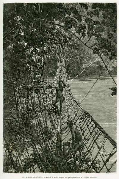Liana bridge over the Passa. Engraving to illustrate the story Voyages dans l