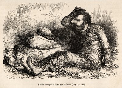 Lieutenant Tyson occupied his morning toilet, a comb before putting on his boots, etched after a drawing by E. Riou, illustrating the story of the Polaris, ice raft by Edouard Riou