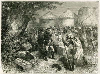 Lieutenant Vallière defends himself against the inhabitants of Sibi, a Mandingo village of Upper Niger, whose inhabitants were very disturbed by the arrival of exploration detachment. Engraving by Riou, based on a sketch by the author by Edouard Riou