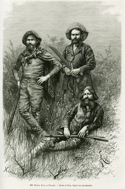 Members of the expedition: Mr. Thouar (lengthening), Mr. Novis (standing left) and Mr. Valverde (standing right). Engraving to illustrate the story Voyage dans le Chaco Boreal. by Edouard Riou