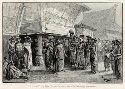 Playing ear ornaments to Batak girls, ethnic group of northern Sumatra. Engraving by Riou to illustrate the story 