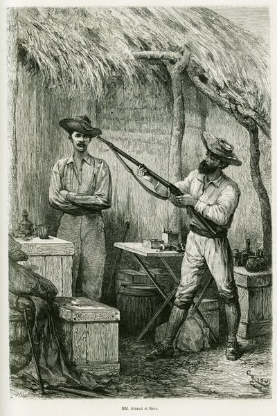 Portrait of the author Victor Giraud, a ship ensign and his traveller, Montagu Kerr, a hunter. Engraving by Riou, to illustrate the story 