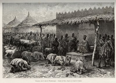 Reception at the naba Sanem, from the Mossi kingdom of Waghadougou. Engraving to illustrate the story From Niger to the Gulf of Guinee by Captain Louis Gustave Binger, in 1887-1889, in Le tour du monde 1890, directed by Edouard Charton, Hachette, Paris. by Edouard Riou