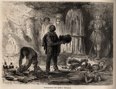 Restoration of statues of saints in Sarayacu (Peru), drawing by Riou, to illustrate Paul Marcoy