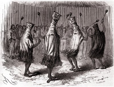 Ritual Dance of the Ticuna Indians of Peru Wearing Disguises and Masks by Edouard Riou