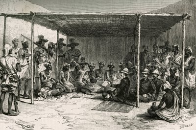 Signing of the treaty that placed the country of Kita under the protectorate of France on 25 April 1880 (engraving by Riou, based on a sketch by the author, to illustrate the story 