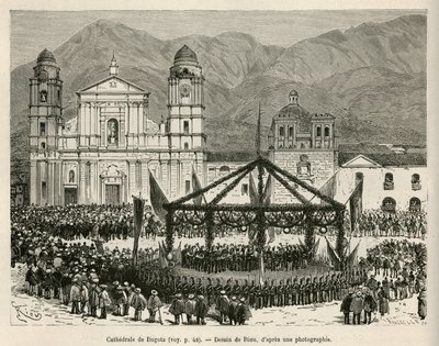 The Cathedrale of Bogota, in Bolivar Square (Colombia), during the annual celebration of the Independence (18 December), for this occasion, an ephemere kiosk was set up to house the band orchestra, drawing by E.Riou, to illustrate the journey to equinoxial by Edouard Riou
