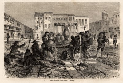 The Pongos, Indians subjected to servitude, at the fountain, in the square of the cabildo, in Cuzco, drawing by Riou, to illustrate the journey through South America, from 1848 to 1860 by Paul Marcoy. Engraving in 