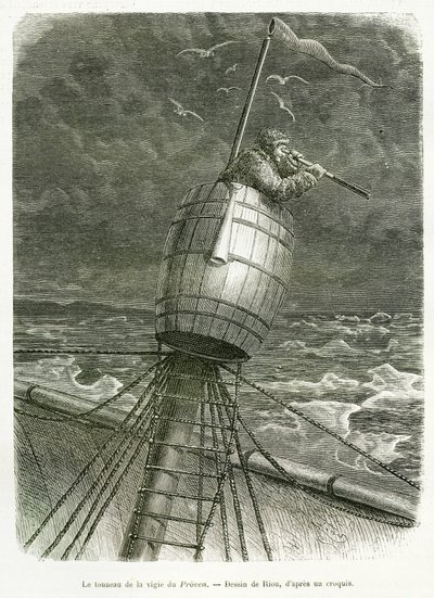 The barrel of the watch of the boat Proven, drawing by Riou, to illustrate the story of Professor Nils Adolf Erik (Eric) Baron Nordenskjold (Nordenskiold) (1832-1901): Swedish polar expedition, in 1875. Engraving in Le tour du monde by Edouard Riou