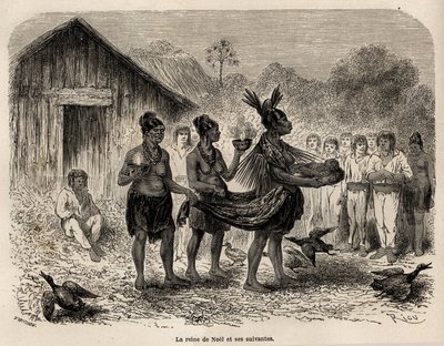 The celebration of the Christmas feast in Sarayacu (Peru), the Christmas queen carries the child Jesus in a basket, and accompanied by two followers, she presents the child to all the houses of the village, drawing by Riou, to illustrate Paul Marcoy